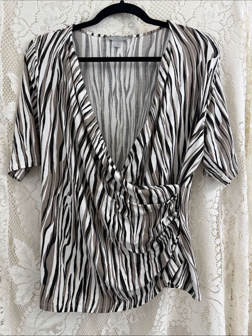 Pure Collection Zebra-Stripe Drape Front Top in White, Black & Brown
